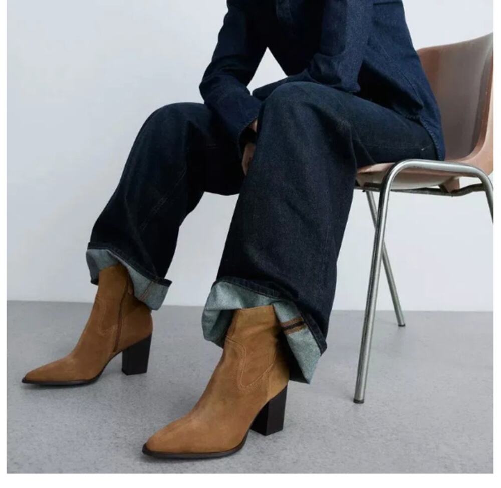 NEW Mango MNG Tan Suede Ankle block heel cowboy Boots pointed toe 40 US 9
